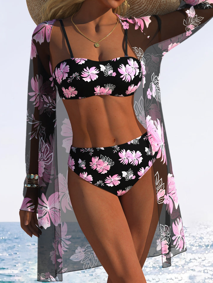 Damen Bikini-Set mit floralem Design und transparenter Strandjacke Drune