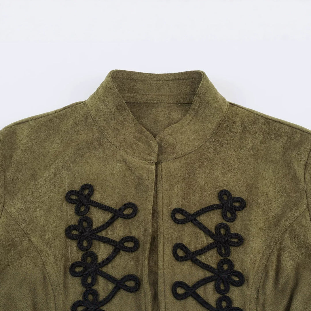 Damen Cropped Veloursimitat‑Jacke mit dekorativen Kordelfröschen Drune