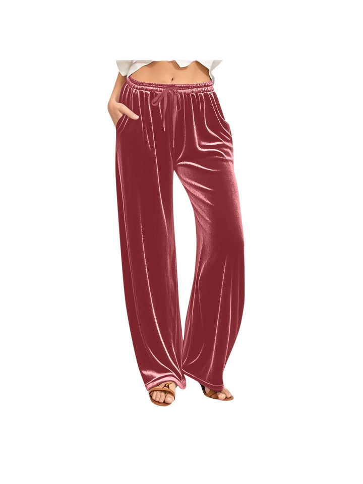 Damen Samt-Loungehose mit weitem Bein, Tunnelzugbund und Eingrifftaschen Drune