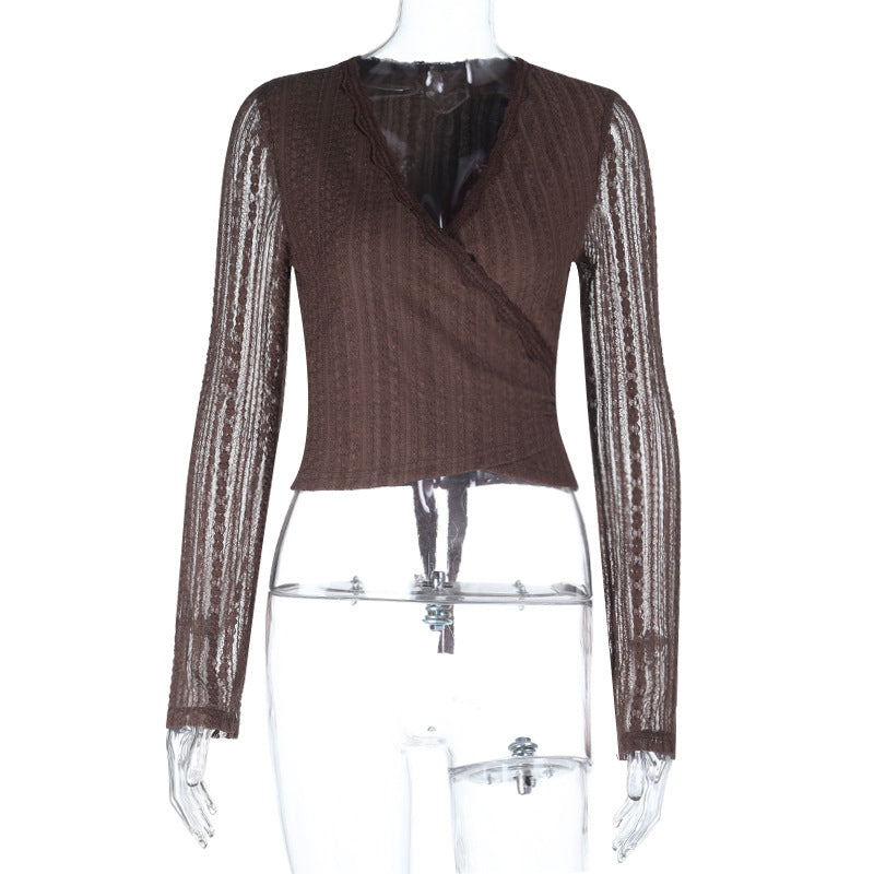 Damen elegantes Wickeloberteil mit transparenten Ärmeln und raffinierter Rüsche Drune