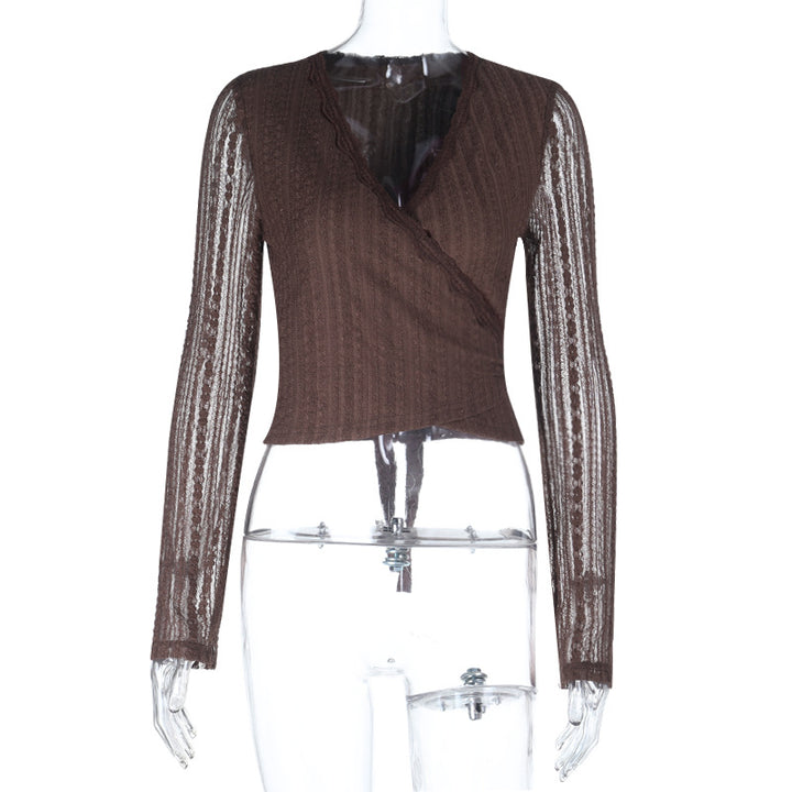 Damen elegantes Wickeloberteil mit transparenten Ärmeln und raffinierter Rüsche Drune