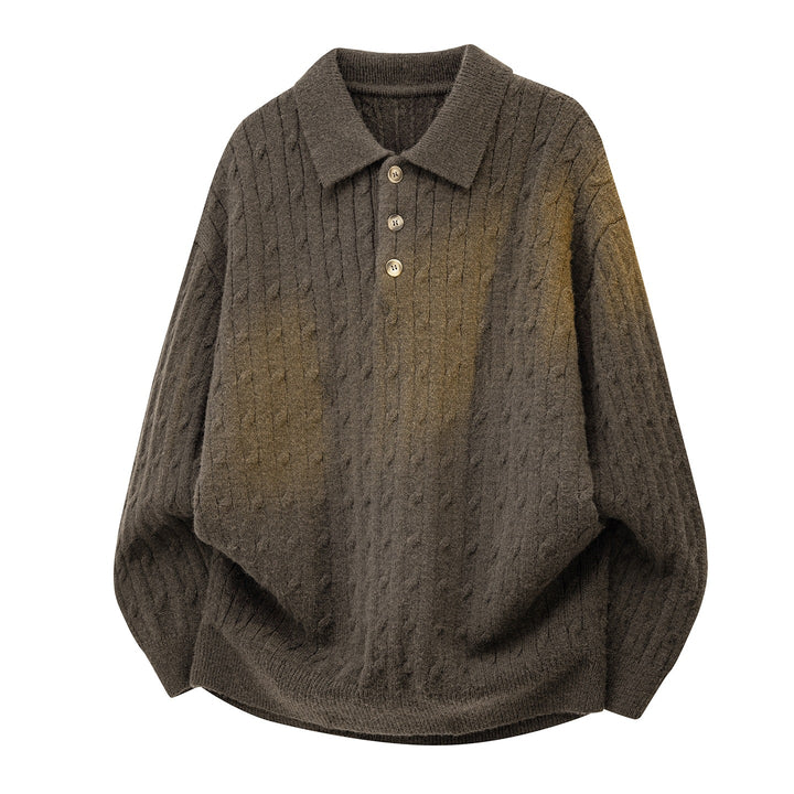 Herren Grobgestrickter Oversize-Polo-Pullover mit Knopfleiste & Zopfmuster Drune