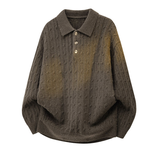 Herren Grobgestrickter Oversize-Polo-Pullover mit Knopfleiste & Zopfmuster Drune