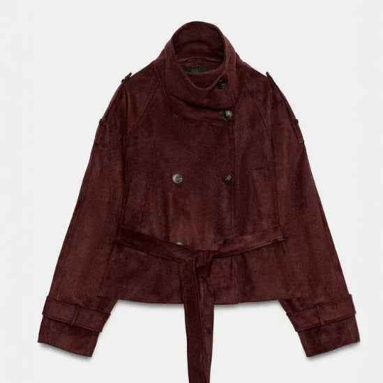 Damen Kurzjacke aus Wildlederimitat mit hohem Stehkragen und Bindegürtel Drune