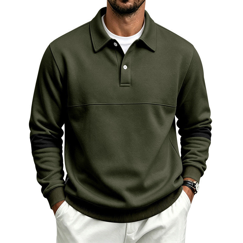 Herren Langärmeliges Poloshirt-Sweatshirt mit verdeckter Knopfleiste, Brustnaht und Kontraststreifen Drune