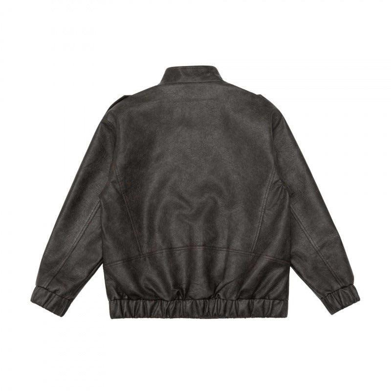 Herren Boxy Kunstleder-Blouson mit Stehkragen, Schulterklappen und elastischem Saum Drune