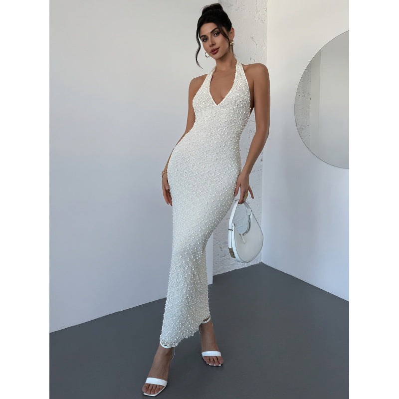 Damen Elegantes Abendkleid mit Hochzeitsperlen und tiefem V-Ausschnitt Drune