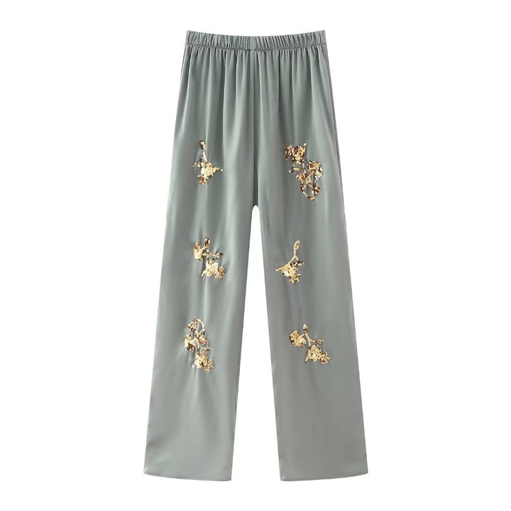 Damen nan weite Satinhose mit elastischem Bund und goldenen Paillettenblüten Drune