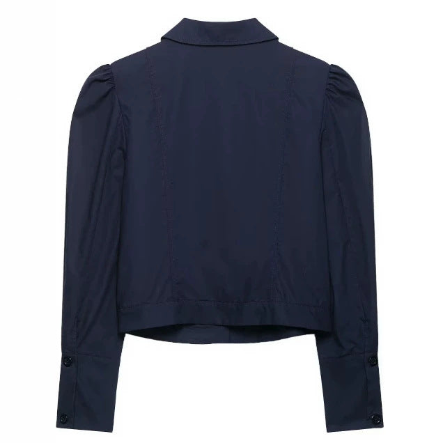 Damen Cropped Blousonjacke mit Puffärmeln, Hemdkragen und verlängerten Manschetten Drune