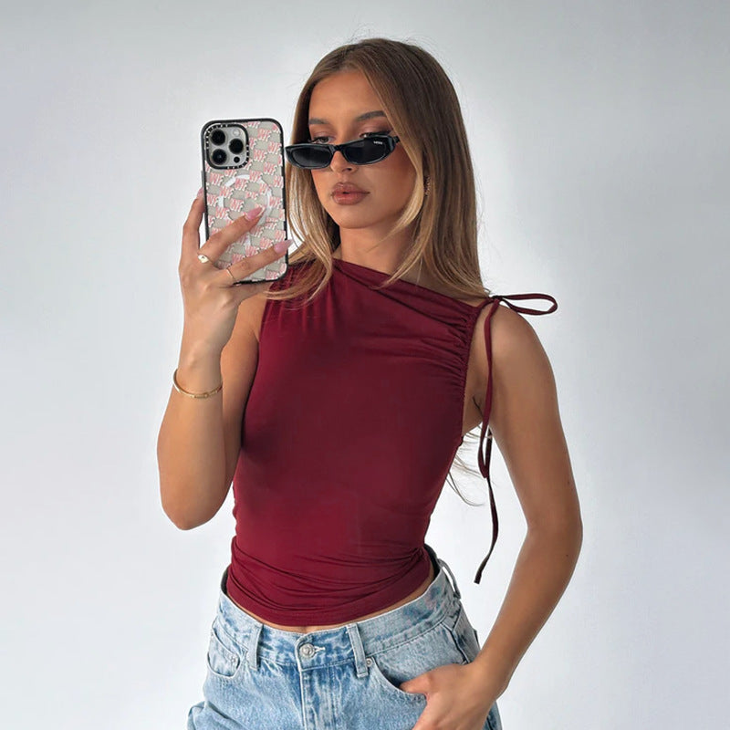 Damen asymmetrisches Top mit Rüschendetails und einseitigen Knoten Drune