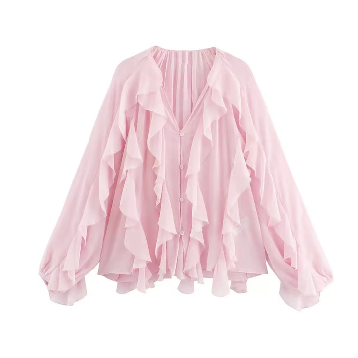 Damen Volant-Chiffonbluse mit Knopfleiste, gerafftem Ausschnitt und Ballonärmeln Drune