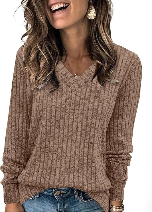 Damen Gerippter V‑Ausschnitt Feinstrickpullover mit lässiger Oversize-Passform Drune