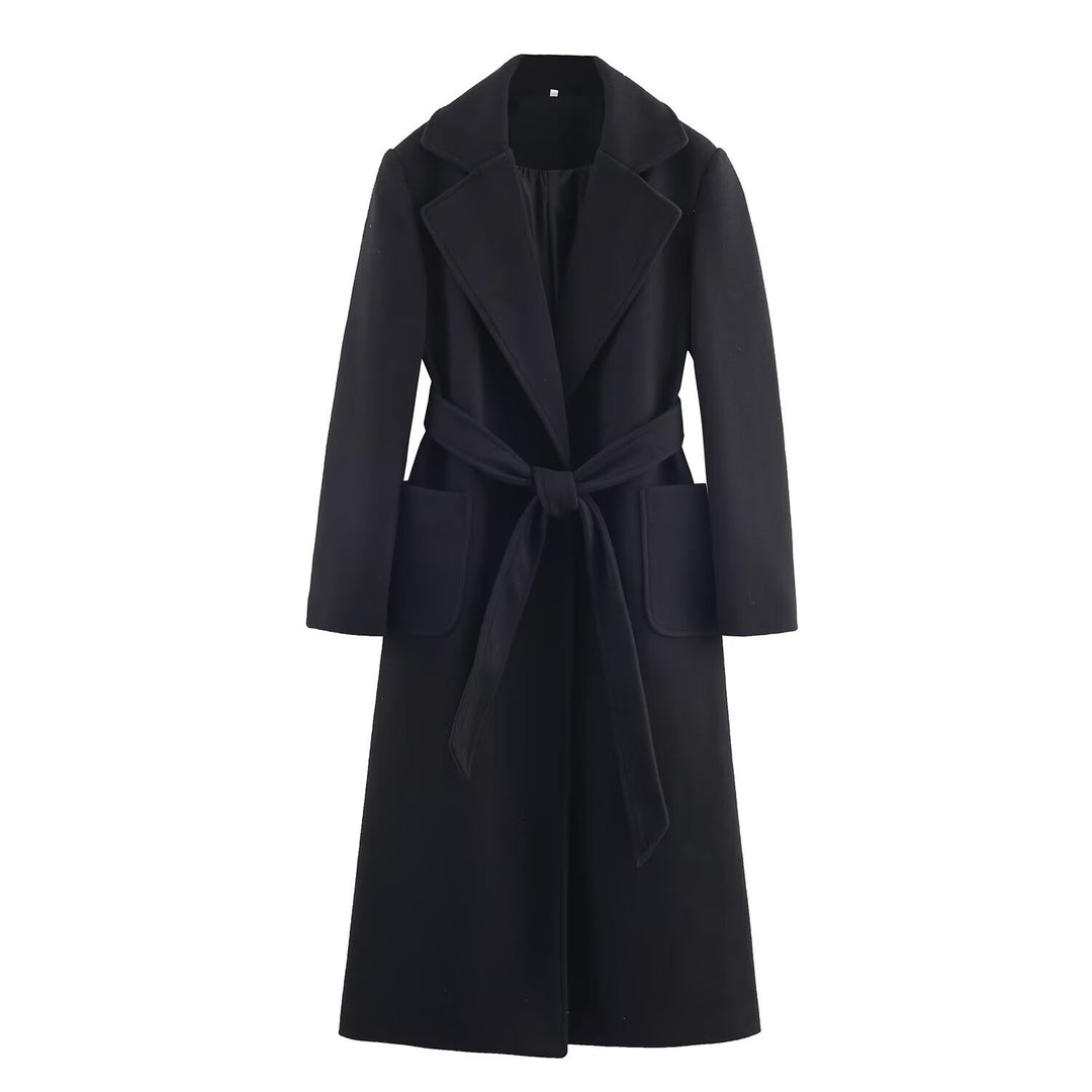 Damen Longline-Mantel mit breitem Revers und Bindegürtel Drune
