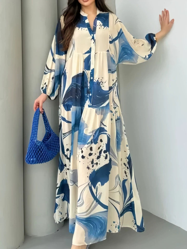 Damen Fließendes Maxikleid mit Stufenrock, überschnittenen Ballonärmeln und Stehkragen Drune