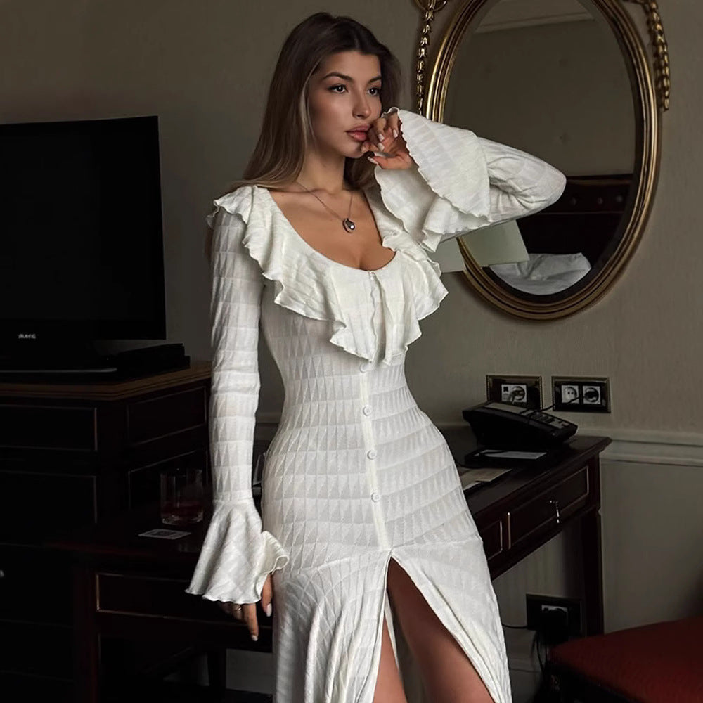 Damen Figurbetontes Maxikleid mit Volant‑Ausschnitt, Glockenärmeln und Schlitz Drune