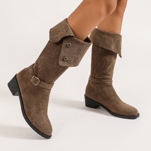 Damen kniehohe Velourslederstiefel mit niedrigem Blockabsatz und Zierriemen Drune