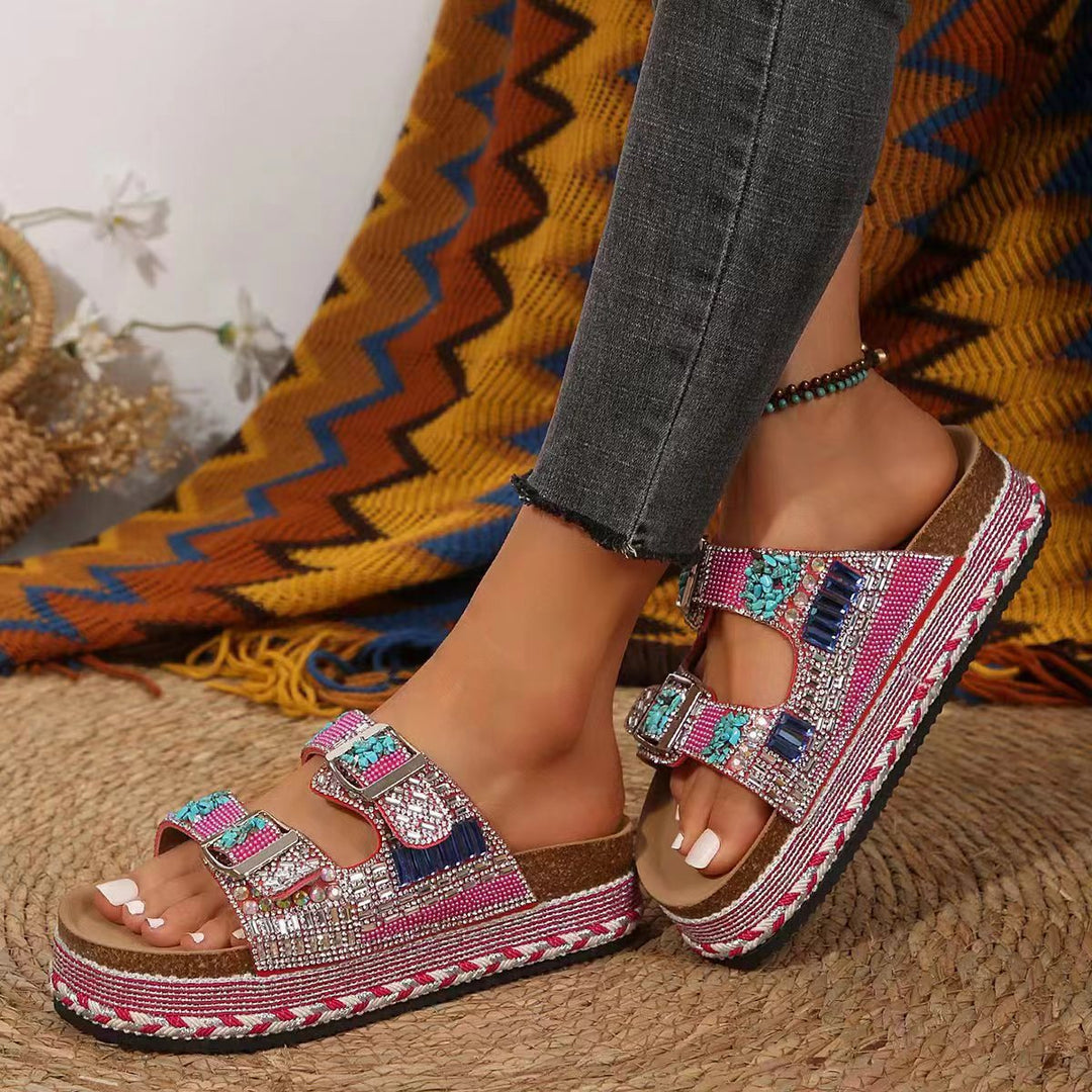 Damen bequeme Sandalen mit dekorativen Steinen und breiten Riemen Drune
