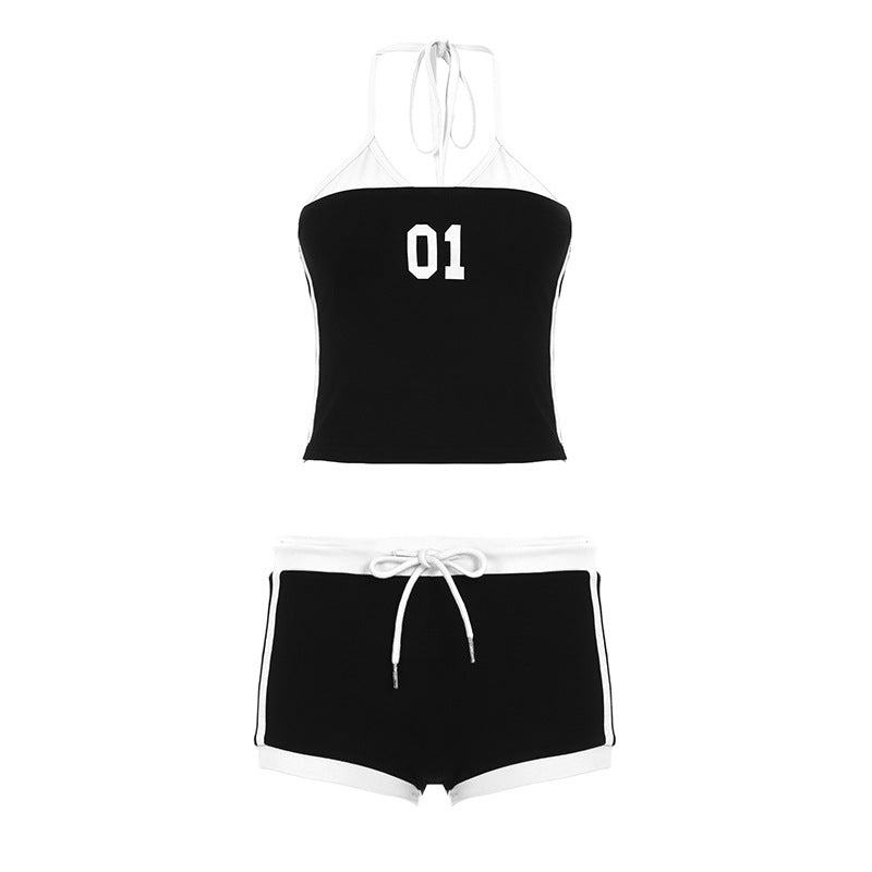 Damen sportliches Crop-Top und Shorts Set mit dekorativem Bindeband Drune