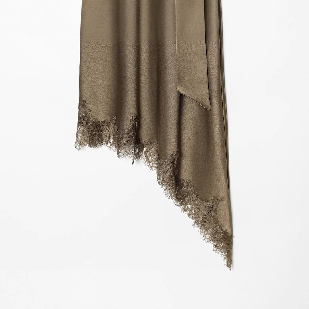 Damen nan asymmetrisches Cape-Midikleid mit Stehkragen, Schal und zarter Spitzensaum Drune