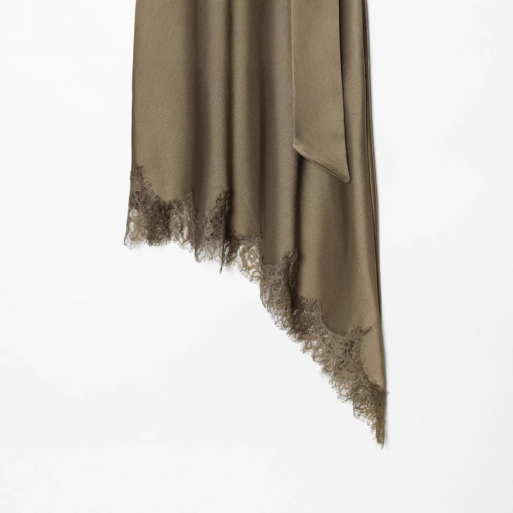 Damen nan asymmetrisches Cape-Midikleid mit Stehkragen, Schal und zarter Spitzensaum Drune