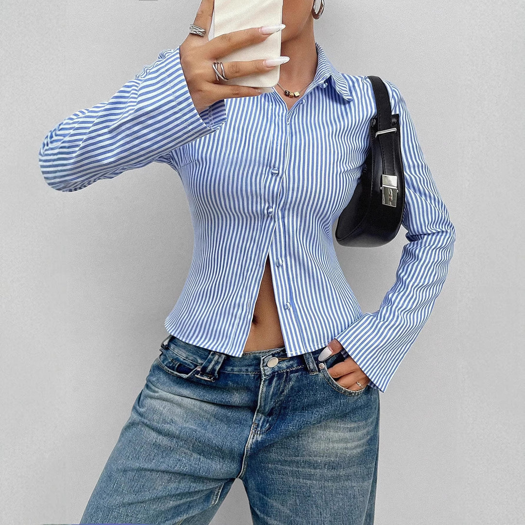 Damen Tailliertes Gestreiftes Blusenshirt mit Kentkragen Drune