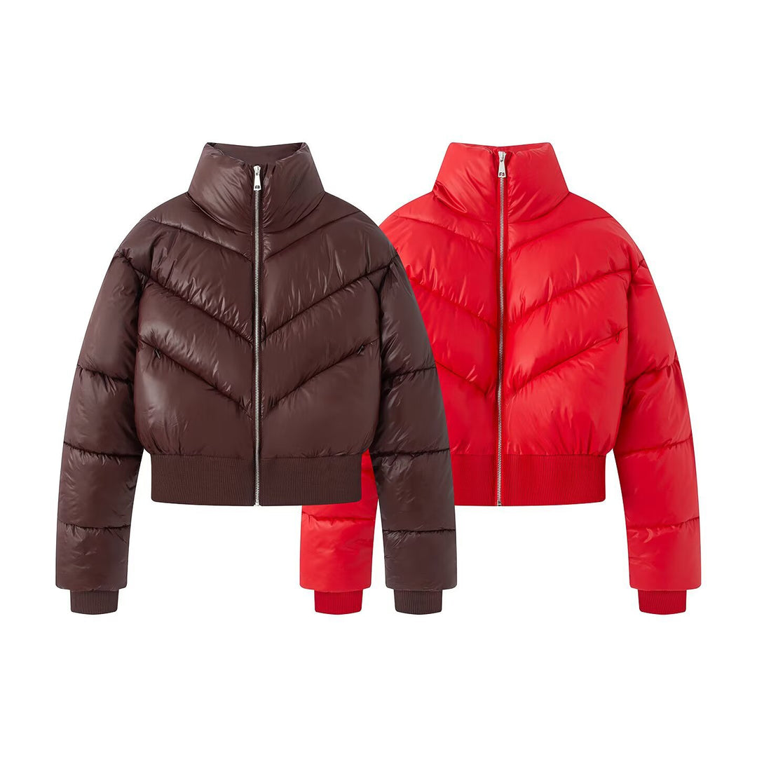 Damen Cropped Pufferjacke mit hohem Stehkragen und breitem Rippenbund Drune