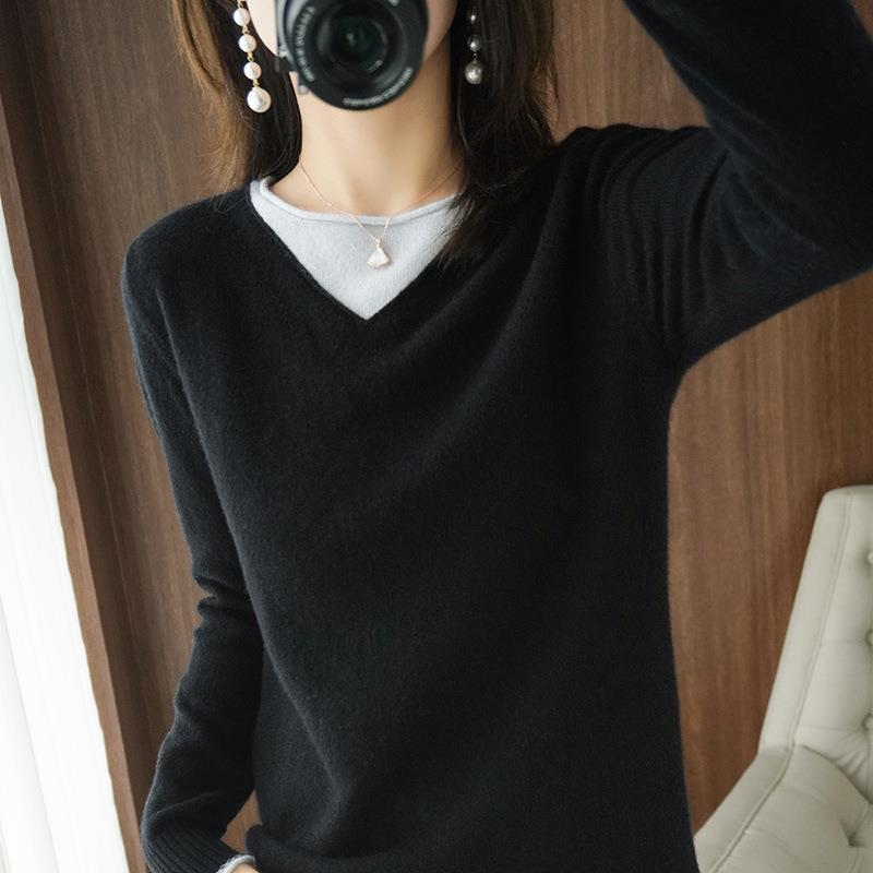 Damen Weicher V‑Ausschnitt-Pullover aus Kaschmir‑Look mit kontrastierter Kantenverzierung Drune