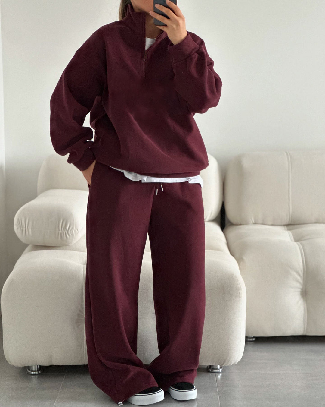 Damen nan Oversize Halbzip-Pullover mit Stehkragen und weitem Lounge-Hose-Set Drune