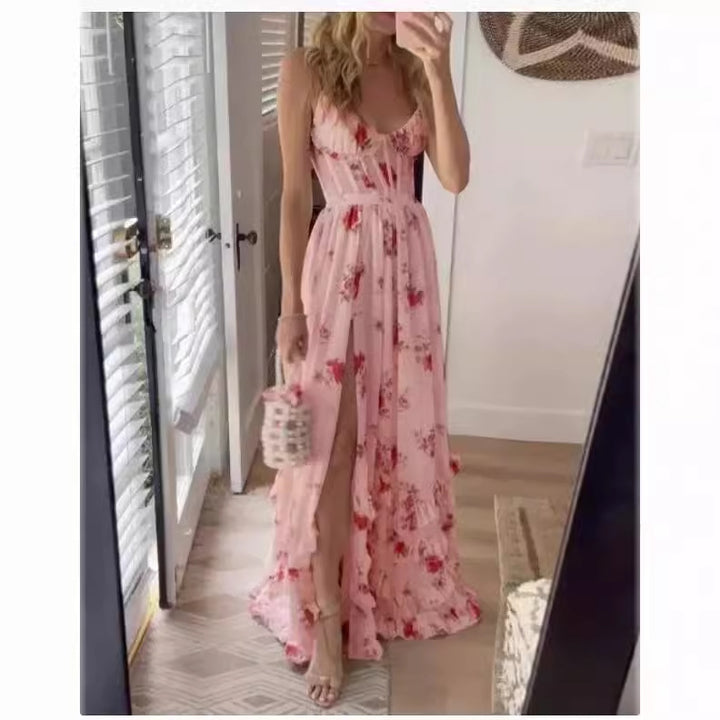 Damen Maxikleid mit floralem Spitzenoberteil und hohem Schlitz Drune