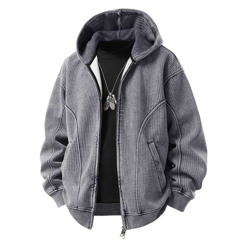 Herren Oversize-Waffelstruktur-Kapuzenjacke mit durchgehendem Reißverschluss Drune