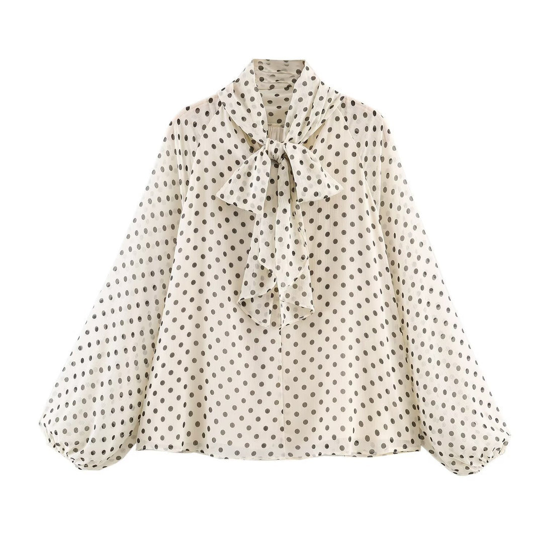Damen 100+ Chiffonbluse mit Schleifenkragen, Puffärmeln und Tupfenprint Drune