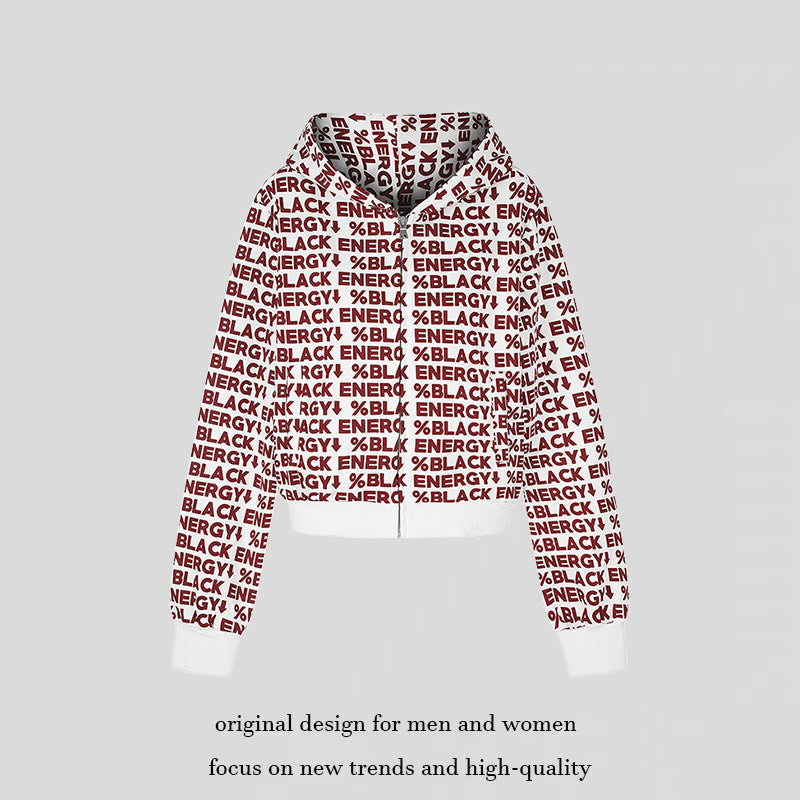 Damen kurze Zip-Kapuzenjacke mit Allover-Logoprint und elastischem Rippenbund Drune