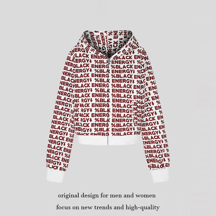 Damen kurze Zip-Kapuzenjacke mit Allover-Logoprint und elastischem Rippenbund Drune
