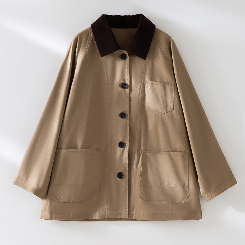 Damen Oversized Baumwoll-Utility-Jacke mit Kontrastkragen und aufgesetzten Taschen Drune