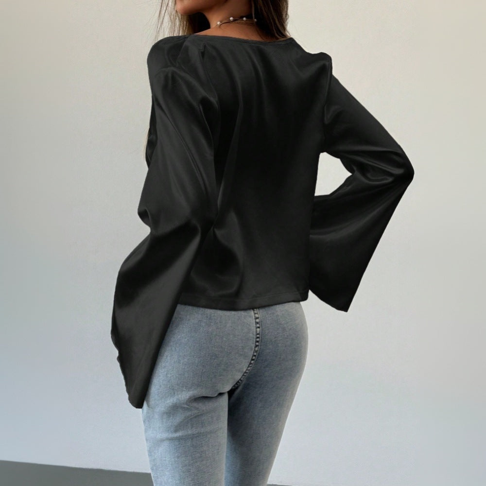 Damen elegante Bluse mit tiefem V-Ausschnitt und lässigem Knoten-Detail Drune