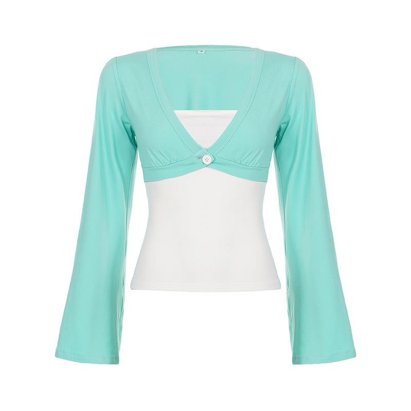 Damen Bolero-inspiriertes Crop-Top mit tailliertem Unterteil, V‑Ausschnitt und ausgestellten Ärmeln Drune
