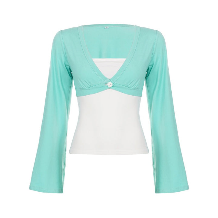 Damen Bolero-inspiriertes Crop-Top mit tailliertem Unterteil, V‑Ausschnitt und ausgestellten Ärmeln Drune