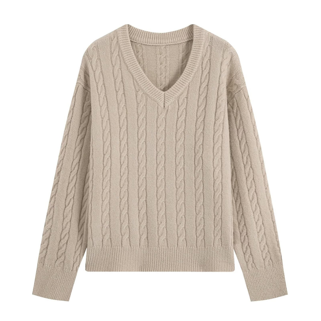 Damen Oversize Zopfmuster-Pullover mit V-Ausschnitt und breitem Rippbündchen Drune