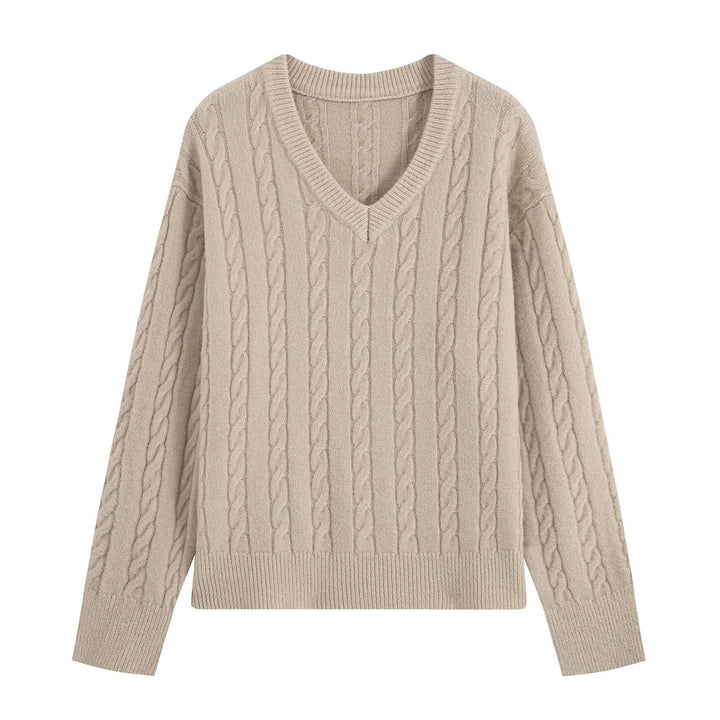 Damen Oversize Zopfmuster-Pullover mit V-Ausschnitt und breitem Rippbündchen Drune