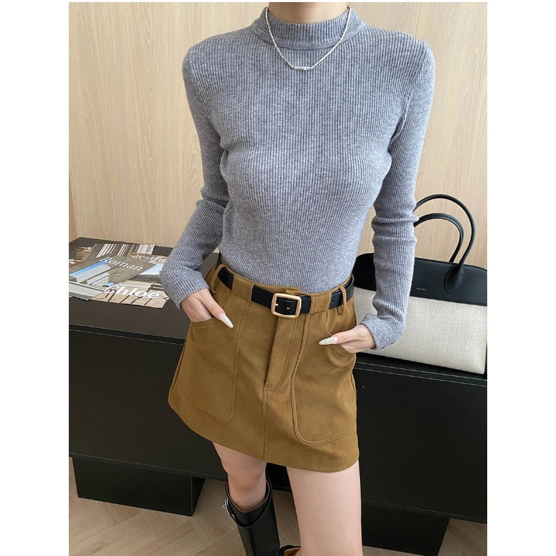 Damen figurbetontes Langarmshirt aus feinem Rippstrick Drune