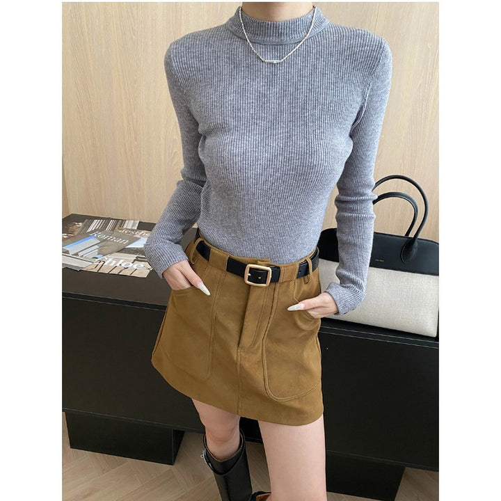 Damen figurbetontes Langarmshirt aus feinem Rippstrick Drune