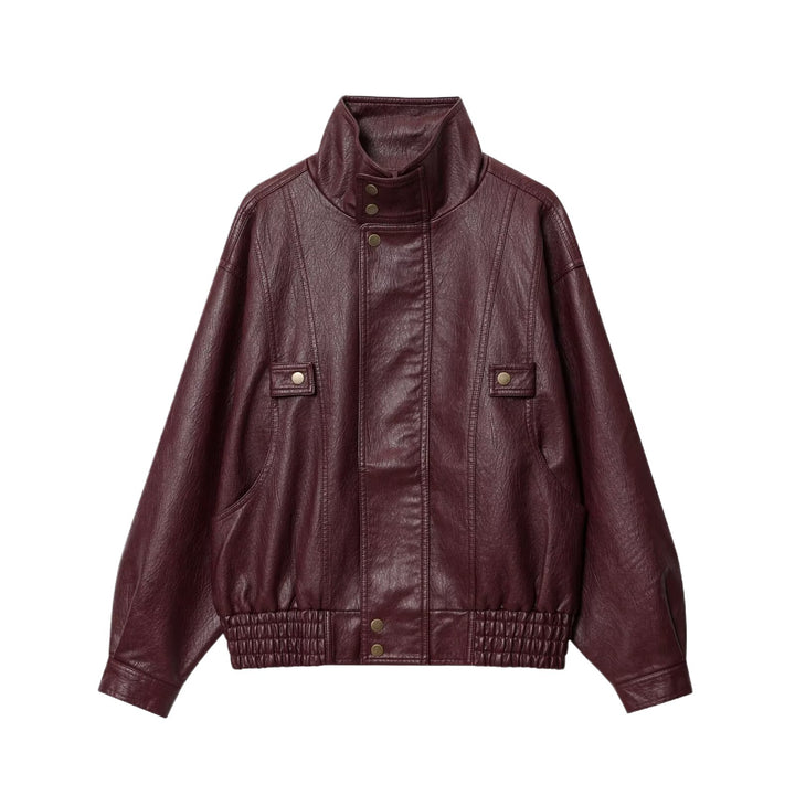 Damen modische Kunstlederjacke mit hohen Kragen und praktischen Knopfdetails Drune