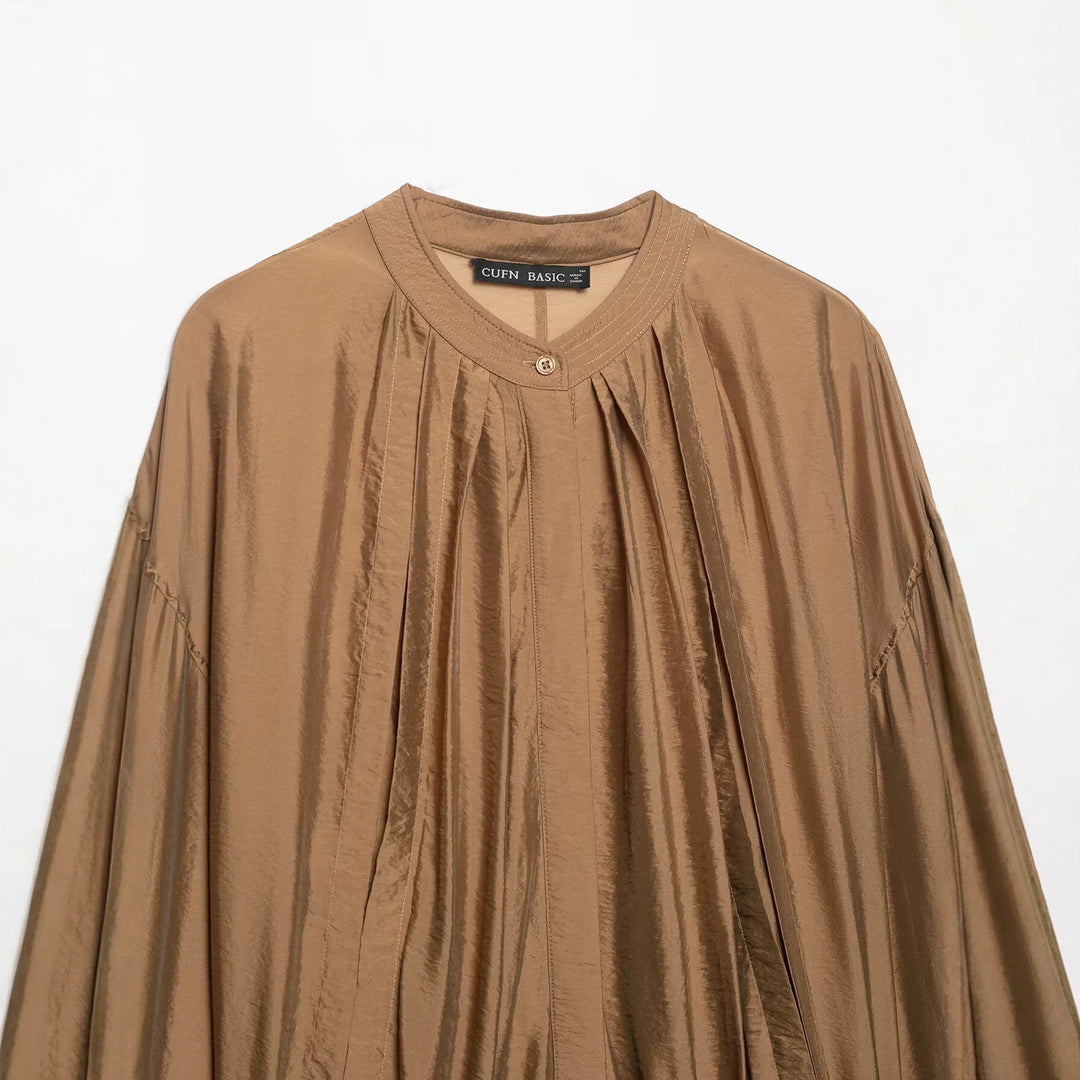 Damen Plissiertes Blouson-Top mit Rundhalsausschnitt, Ballonärmeln und gesmoktem Saum Drune