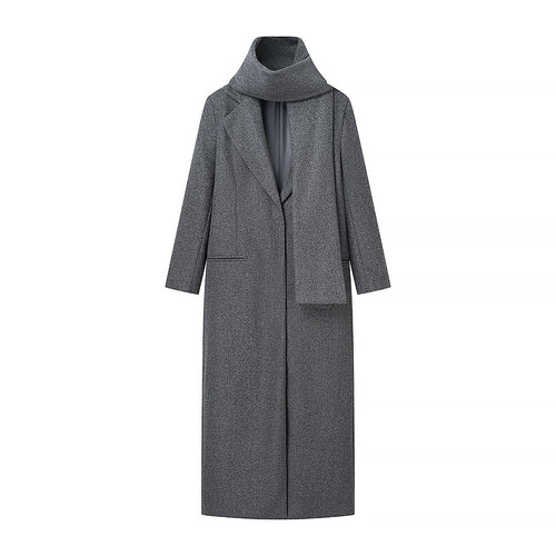 Damen nan lang geschnittener Mantel mit integriertem Rollkragen‑Schal und minimalistischer Einreiher‑Silhouette Drune