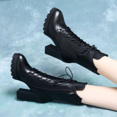 Damen Elegante Ankle Boots mit hohem Blockabsatz und Schnürung Drune