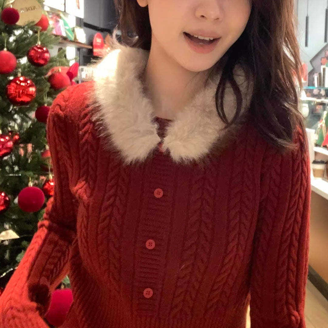 Damen Eleganter Strickpullover mit Kunstfellkragen Drune