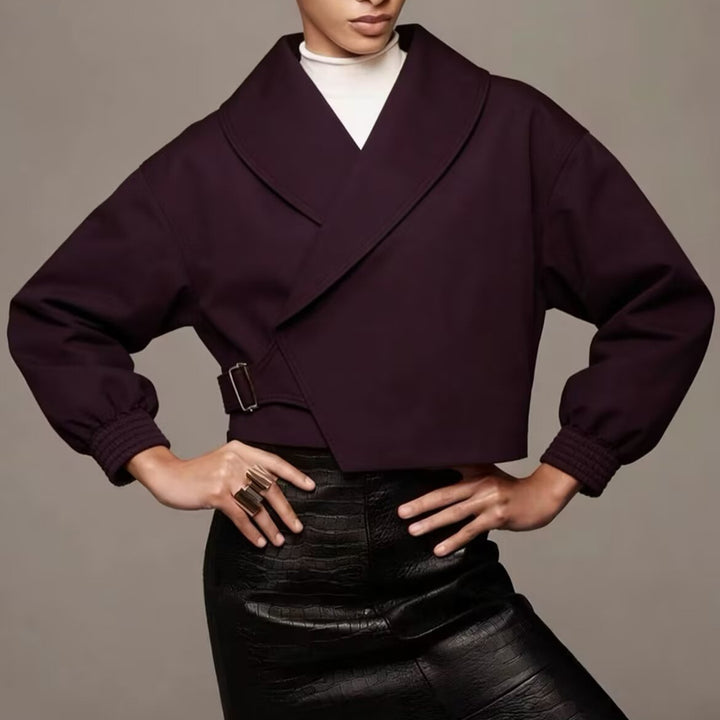 Damen Kurze Oversized Jacke mit breitem Schalkragen, Ballonärmeln und Taillenriegel Drune