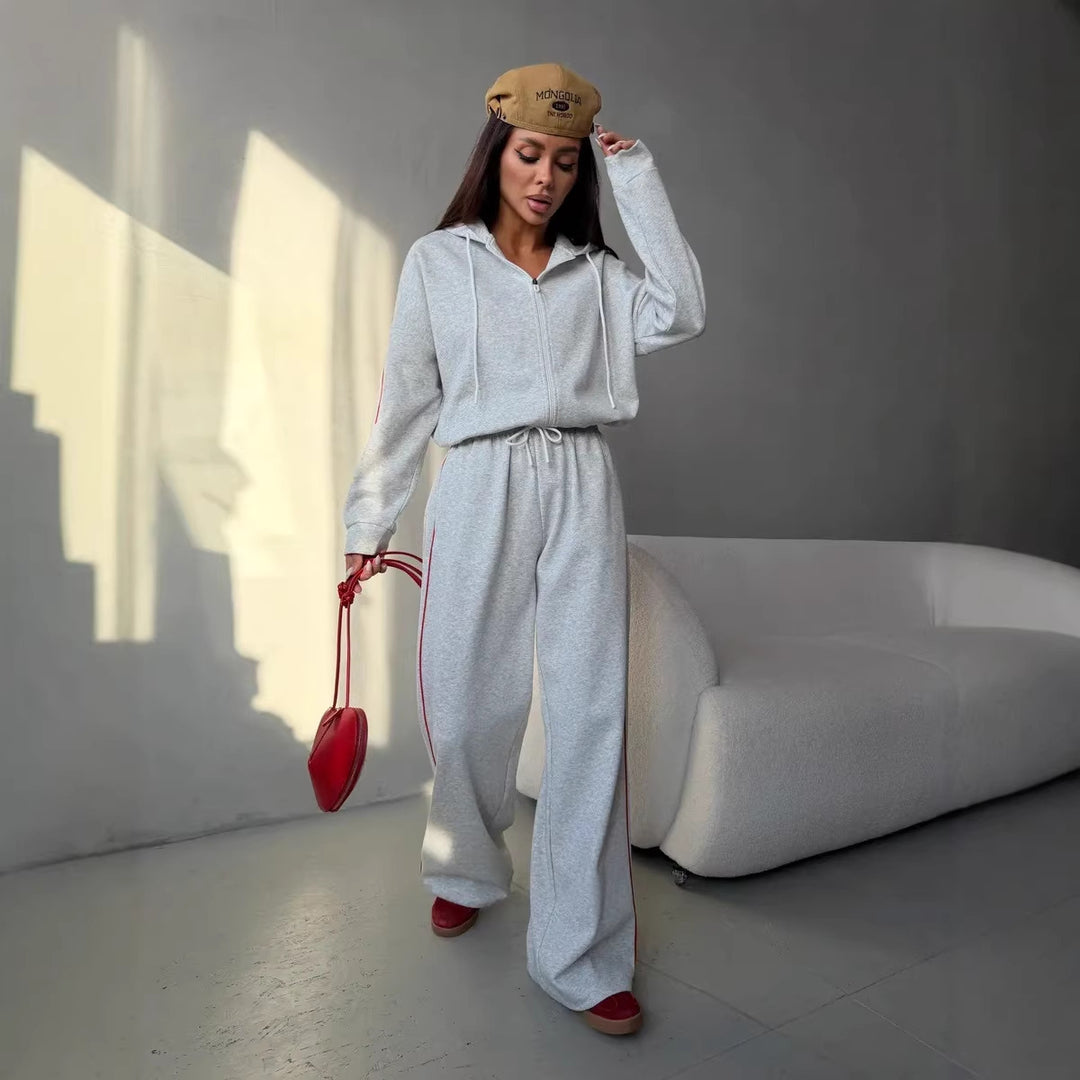 Damen lässiges Lounge-Set aus French-Terry mit Kurzzip-Hoodie und High-Waist Wide-Leg Jogginghose mit Kontrastpaspel Drune