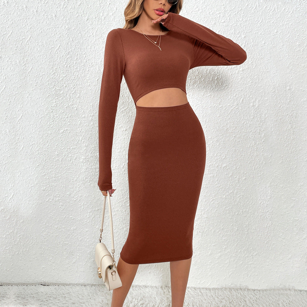 Damen figurbetontes Midi-Kleid mit Cut-Out-Details und langen Ärmeln Drune