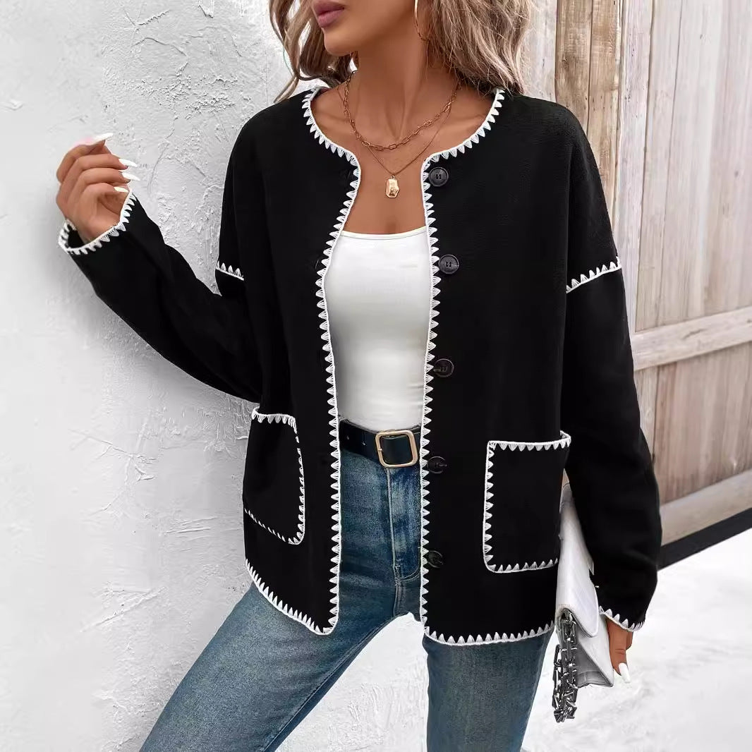 Damen modische Strickjacke mit dekorativem Kontrastbesatz und großen Taschen Drune